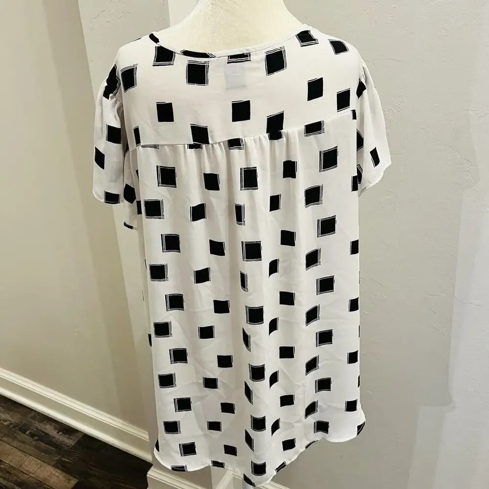 Ann Taylor Factory Women’s Short Sleeve Button-Up White Black Blouse Size XL - Picture 3 of 5